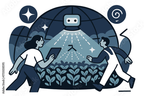 Futuristic Greenhouse Vision. Future irrigation. Glowing futuristic greenhouse with AI-controlled irrigation mist evenly spreading across crops. Floating icons