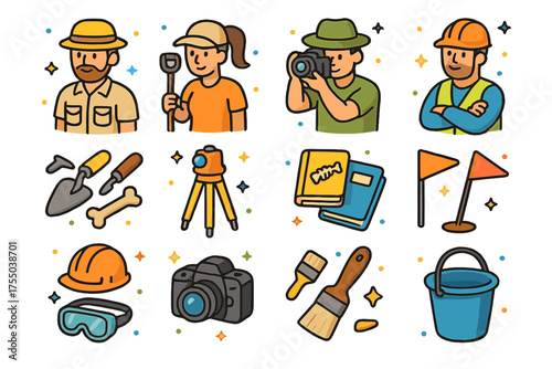 Fieldwork Team Icons. Fieldwork team. Colorful isometric vector icons set of fieldwork team: archaeologist, assistant, photographer, dig supervisor, excavation