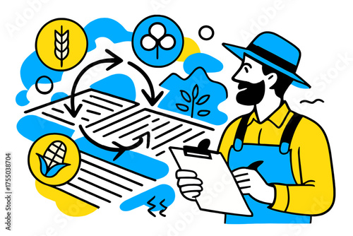 Sustainable Crop Rotation. Crop Rotation Planning. Farmer with clipboard observing fields with floating arrows showing rotation patterns, abstract geometric
