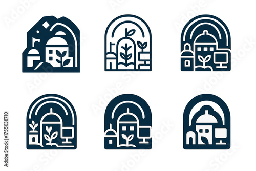 Futuristic Habitat Logos. A futuristic space habitat with living quarters, gardens, and workspaces. Set Logo of A futuristic space habitat with