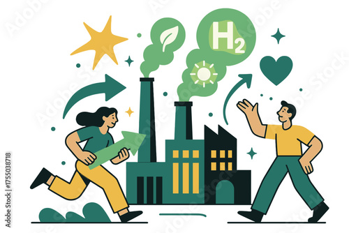 Hydrogen-Powered Factory. Industrial use. Glowing factory powered by green hydrogen with steam stacks replaced by glowing clean energy icons. Floating icons of