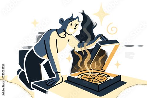 Late-Night Pizza Indulgence. Late-night craving. Glowing pizza box being opened in dimly lit kitchen with steam rising. Floating icons of sparkle, star, and