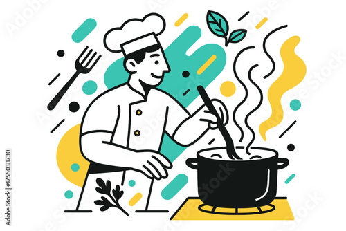 Energetic Culinary Artistry. Cooking Demonstration. Chef stirring a pot with floating steam, herbs, and utensils around, abstract shapes showing energy and