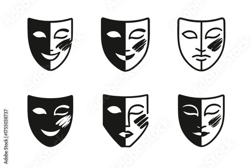 Dramatic Stage Mask Logos. Makeup for Stage Performance. Set Logo of Makeup for Stage Performance: dramatic stage mask with makeup strokes. harmonious logo