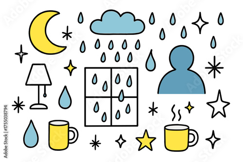 Rainy Night Doodle. Rainy Night. Hand-drawn doodle illustration moon (colored), window (colored), raindrops, person silhouette (colored), lamp, cloud