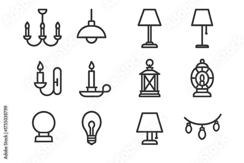 Vintage Lighting Icons. Vintage lighting. Line icon set of Vintage lighting: chandelier, pendant lamp, table lamp, floor lamp, wall sconce, candle holder,