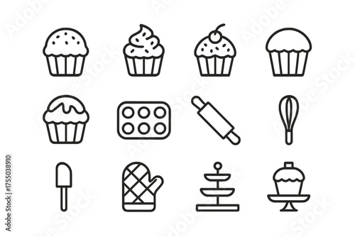 Cupcake Icon Set. Cupcakes with sprinkles. Line icon set of Cupcakes with sprinkles: cupcake, frosting swirl, sprinkles, cherry on top, muffin liner, chocolate