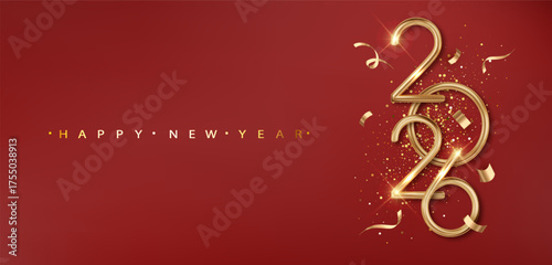 2025 New Year with golden golden ribbon. Festive Christmas banner with falling confetti on bright background. Realistic 2025 Golden 3d number