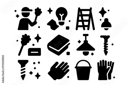 Light Maintenance Icons. Light Maintenance. Solid icons set of Light Maintenance: person dusting, lightbulb, ladder, duster, cleaning cloth, ceiling fixture,
