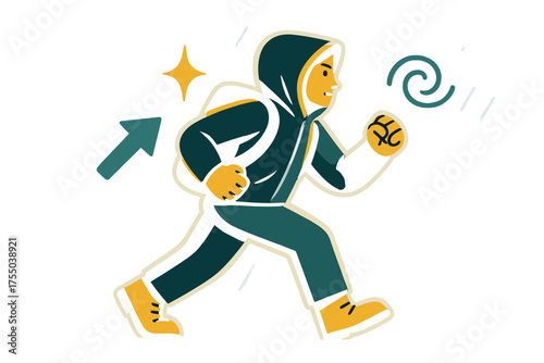 Stormy Hiker Determination. Storm journey. Glowing hiker moving forward through rain with determination. Floating icons of arrow, sparkle, and swirl