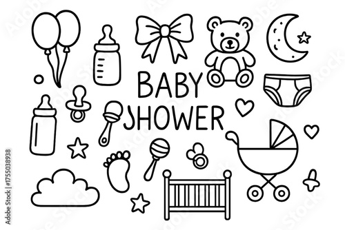 Baby Shower Doodles. Baby shower. Hand-drawn doodle illustration baby shower balloons, bow, teddy bear, bottle, pacifier, rattle, diaper, stroller, crib,