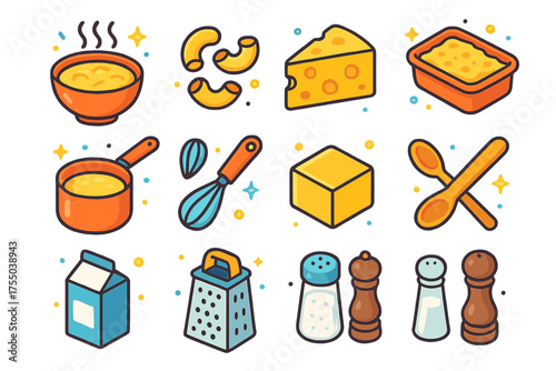 Cheesy Comfort Icons. Cheesy Comfort. Colorful isometric vector icons set of cheesy comfort: steaming bowl, macaroni pasta, cheese wedge, oven dish, saucepan,