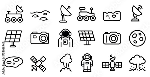 Space exploration icons set – outline, linear, galaxy and astronaut symbols