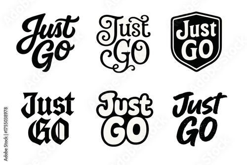 Creative Font Variations. Just Go. Set lettering. harmonious lettering variations of the same emblematic concept, each with different artistic interpretation