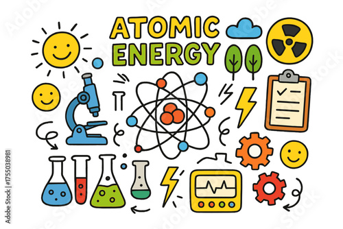 Atomic Energy Doodle. Atomic Energy. Colorful Hand-drawn doodle Children illustration atom model, electrons, nucleus, radiation sign, lab flask, microscope,