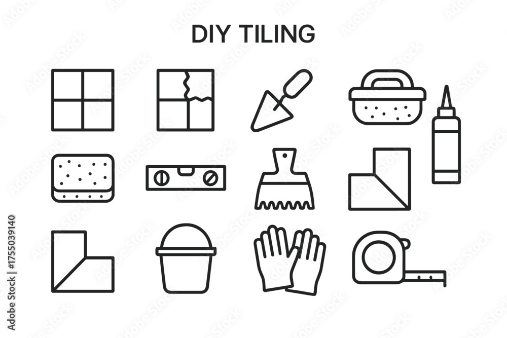 Fototapeta premium DIY Tiling Icons. DIY tiling. Line icon set of DIY tiling: tile square, grout line, trowel, float, sponge, level, scraper, adhesive tube, corner tile, bucket,