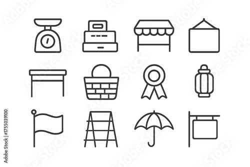 Vendor Icons Collection. Vendor accessories. Line icon set of Vendor accessories: scale, cash box, awning, signage, vendor table, basket, ribbon, hanging