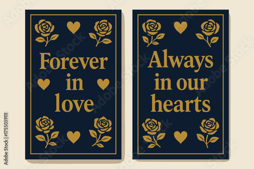 Navy and Gold Romance. Forever in love. Two vertical A6 banners with safe margins, centered composition, no elements touching edges, bold, navy and gold, roses