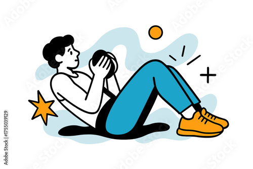 Dynamic Weighted Crunch. Weighted Crunch. Person holding small weight while performing crunches, floating abstract geometric shapes indicating strength and