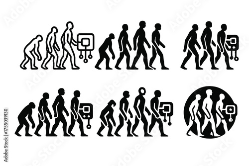 AI Body Evolution Logos. Evolution of human bodies through AI. Set Logo of Evolution of human bodies through AI: synthetic tactile skin patch. harmonious logo
