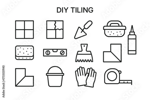 DIY Tiling Icons. DIY tiling. Line icon set of DIY tiling: tile square, grout line, trowel, float, sponge, level, scraper, adhesive tube, corner tile, bucket,
