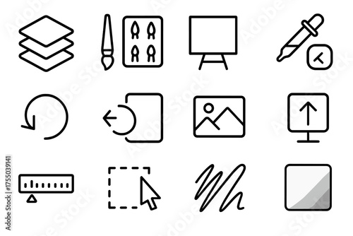Art Workflow Icons. Art workflow. Line icon set of Art workflow: layers panel, brush selection, canvas, color picker, undo button, reference image, export