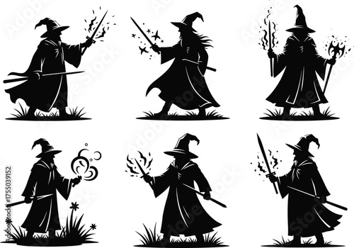 Silhouettes of fantasy wizards casting spells, magical staffs and swords, mystical energy, sorcery battle, wizardry illustration concept