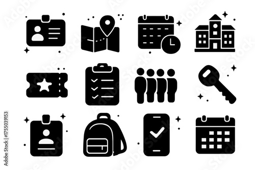 Orientation Icon Set. Orientation & Check-In. Solid icons set of Orientation & Check-In: ID card, map, schedule, campus building, ticket, clipboard, line of