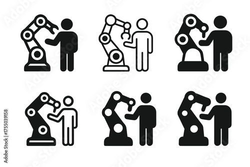 Robotics Logo Variations. Robotics in modern business. Set Logo of Robotics in modern business: collaborative cobot assisting a worker. harmonious logo