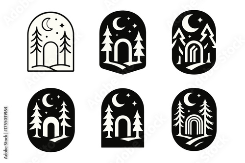 Magical Forest Logos. Magical forests. Set Logo of Magical forests: moonlit clearing with a mysterious portal. harmonious logo variations of the same