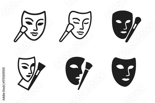 Stage Makeup Logos. Makeup for Stage Performance. Set Logo of Makeup for Stage Performance: stylized theatrical makeup icon. harmonious logo variations of the