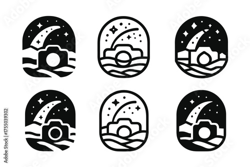 Extreme Photography Logos. Photography expeditions in extreme environments. Set Logo of Photography expeditions in extreme environments: Milky Way over frozen