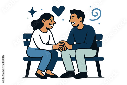 Intimate Park Moment. A couple spending quality time together, holding hands and talking. Glowing pair seated on a park bench, leaning toward each other with