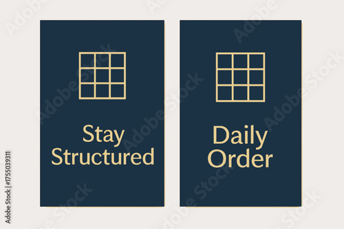 Modern Minimal Banners. Discipline. Two vertical A6 banners with safe margins, centered composition, no elements touching edges, modern minimal, navy and gold,