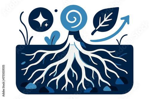 Vibrant Grounding Roots. Root. Glowing tree roots spreading deep into soil, intertwining with rocks. Floating icons of sparkle, swirl, and leaf symbolizing