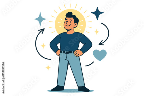 Radiant Confidence. Self-esteem. Glowing person standing tall with radiant aura, smiling with confidence. Floating icons of sparkle, star, and heart