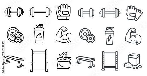 Fitness and gym outline icons set – linear, workout, exercise symbols