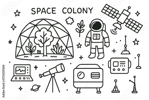Space Colony Doodle. Space Colony. Hand-drawn doodle illustration Space Colony space station dome greenhouse tree plant solar panel astronaut telescope
