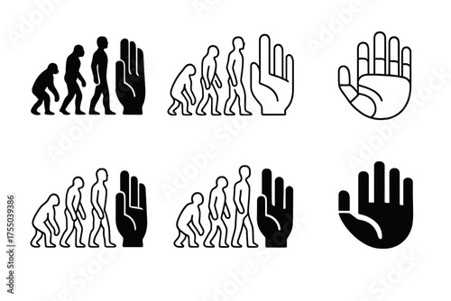AI Evolution Logos. Evolution of human bodies through AI. Set Logo of Evolution of human bodies through AI: cyborg dexterous hand. harmonious logo variations