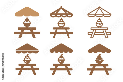 Ice Cream Logo Grid. Outdoor ice cream sundae bar setup. Set Logo of Outdoor ice cream sundae bar setup: Picnic Table. harmonious logo variations of the same