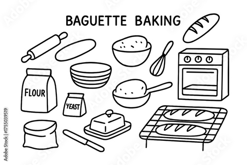 Baguette Baking Essentials. Baguette Baking. Hand-drawn doodle illustration Baguette Baking baguette dough rolling pin oven flour yeast basket cooling rack