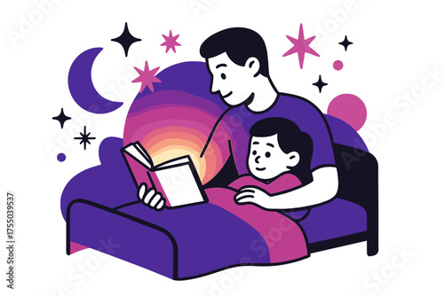 Storytime Glow. Storytelling Glow. Parent reading to child in abstract bed, floating warm light from book, geometric stars and moon shapes enhancing cozy