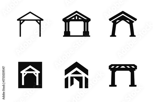 Pergola Logo Variations. Outdoor living areas. Set Logo of Outdoor living areas: pergola. harmonious logo variations of the same emblematic concept, each with