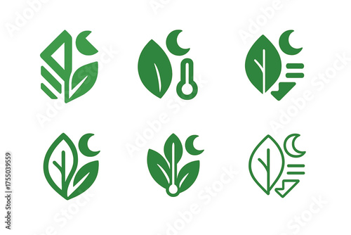 Thermostat Logo Variations. Adjusting the thermostat before bed. Set Logo of Adjusting the thermostat before bed: Eco leaf combined with a temperature-decrease