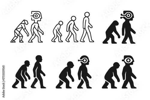 Human Evolution Logos. Evolution of human bodies through AI. Set Logo of Evolution of human bodies through AI: augmented eye implant. harmonious logo