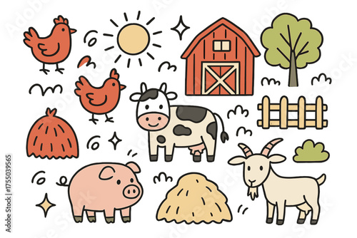 Colorful Farm Doodles. Farm Animals. Hand-drawn doodle illustration chickens (colored), cow (colored), pig, goat (colored), barn, fence (colored), sun,
