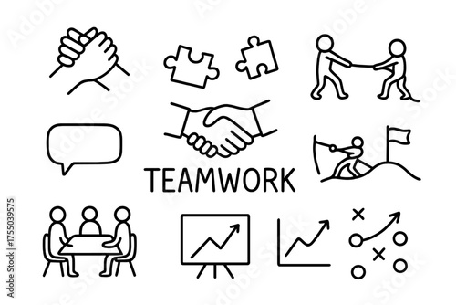 Teamwork Symbols Doodle. Teamwork. Hand-drawn doodle illustration Teamwork hands puzzle handshake rope tug flag collaboration meeting chart strategy speech