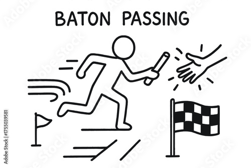 Runner Baton Exchange. Baton Passing. Hand-drawn doodle illustration Baton Passing runner baton hand motion sprint track exchange team finish line flag. Simple