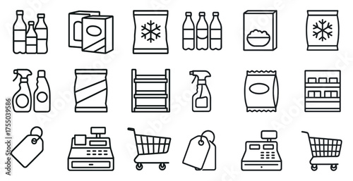 Grocery and retail icons set – outline, shopping, packaging and market symbols