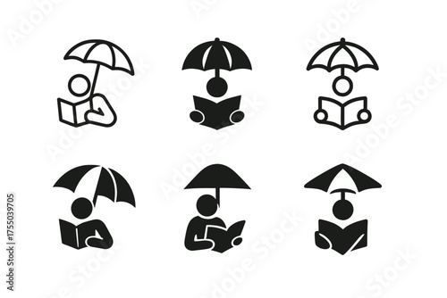 Shade Reading Logos. Reading a book in the shade. Set Logo of Reading a book in the shade: parasol / beach umbrella casting shade. harmonious logo variations